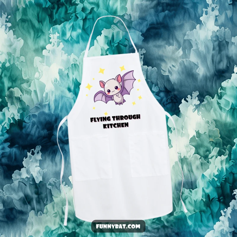 Funny kawaii bat apron showing a graceful loop-the-loop amidst glowing stars, a whimsical kitchen accessory.