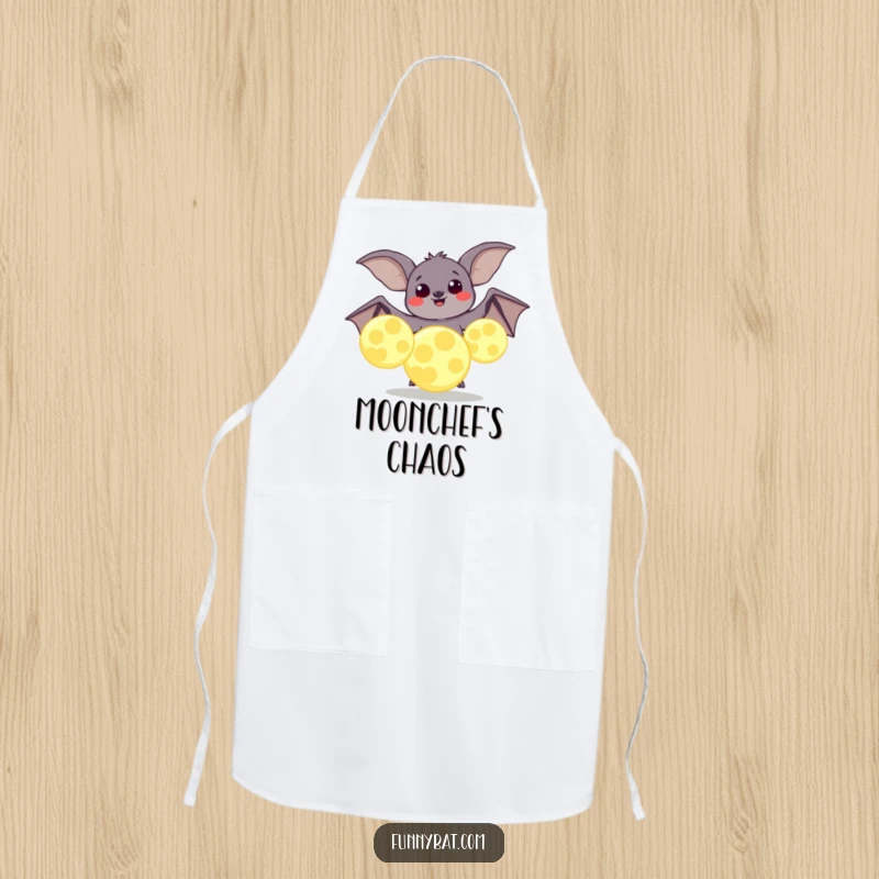 Funny apron showcasing a plump bat with joyful eyes juggling large, glowing moons, ideal for kitchen tasks with a cosmic theme.