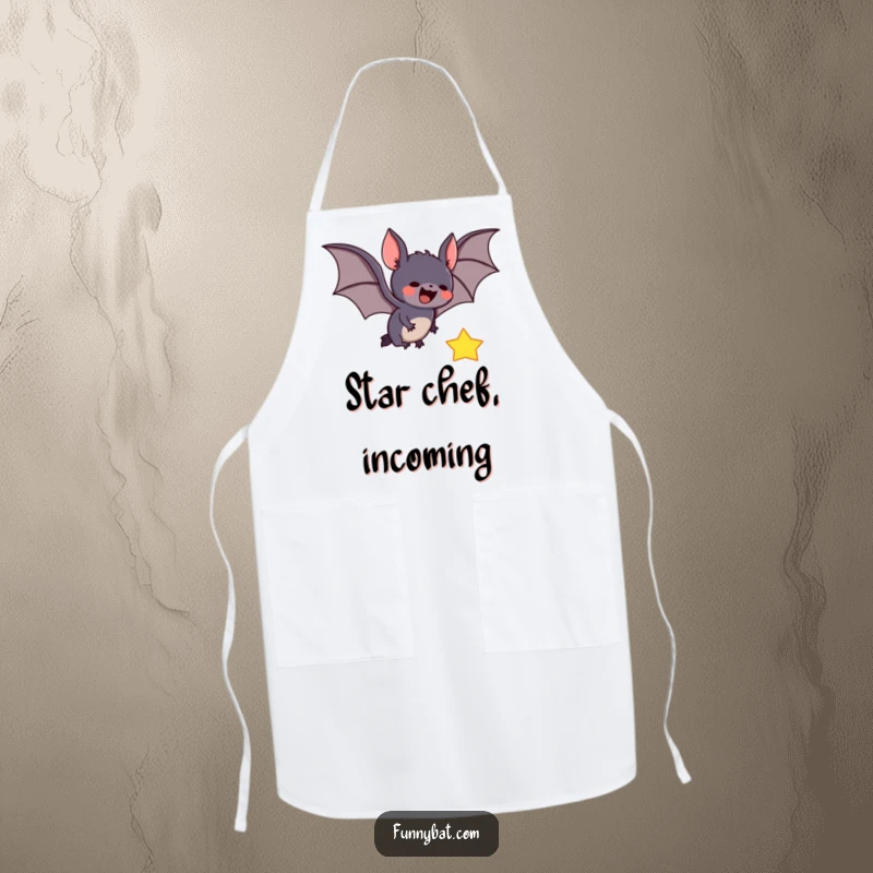 Funny apron showcasing an excited bat swooping to catch a falling star, perfect for adding whimsy to kitchen activities.