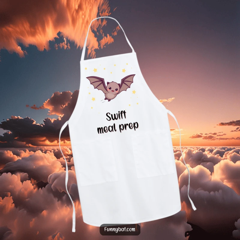 Funny apron showcasing a cheerful bat quickly zooming through a densely star-filled night sky, ideal for speedy chefs.