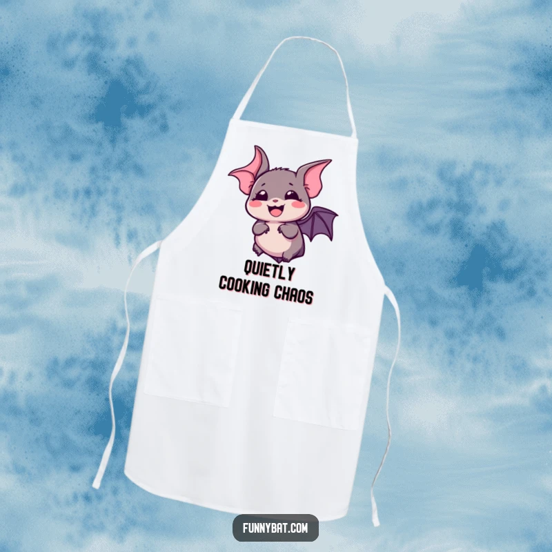 Funny kawaii bat apron with a silent, bubbly laugh and wide, expressive eyes, a humorous kitchen accessory.