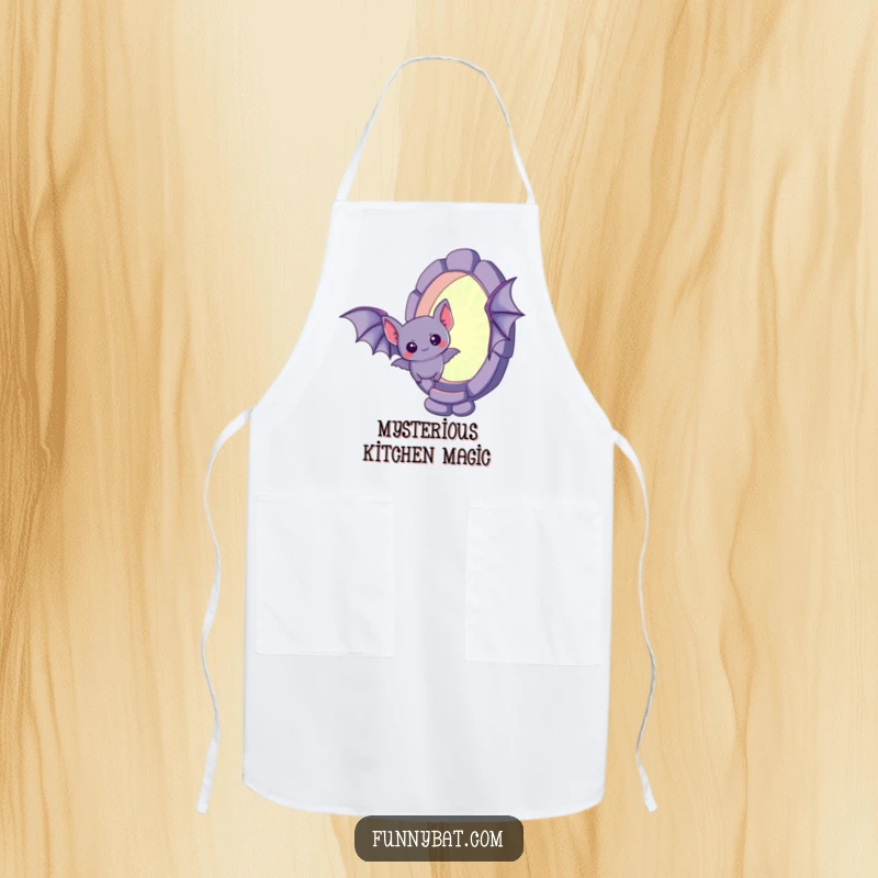 Funny kawaii bat apron, a curious little bat hovering near a mysterious, shimmering portal, kitchen accessory.