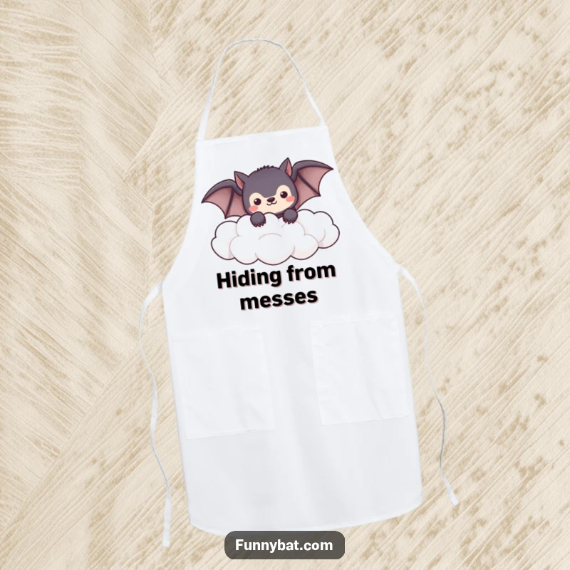 Funny shy kawaii bat apron peeking from soft, fluffy clouds, a cute and humorous kitchen accessory.