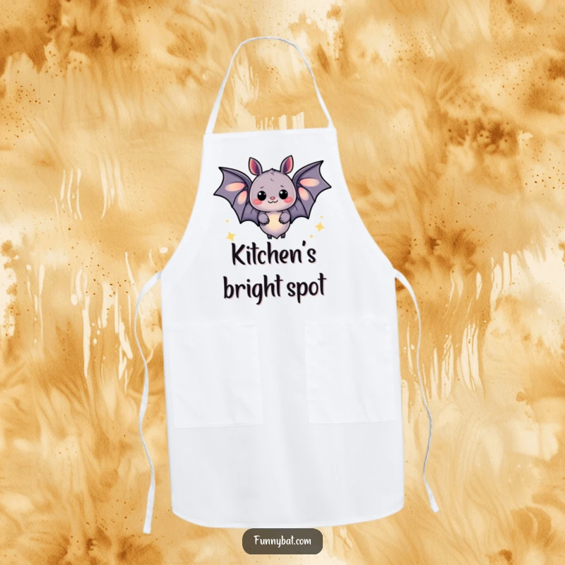Funny apron showcasing a whimsical bat emitting a soft glow and happy sparkles, ideal for adding magic to cooking tasks.