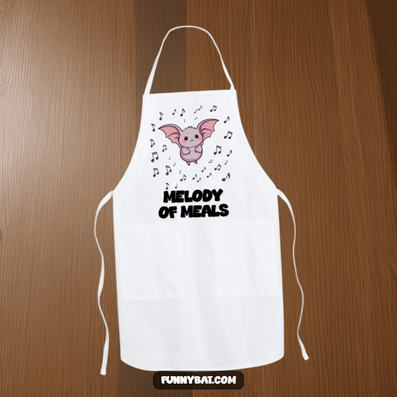 Funny apron featuring a round bat cheerfully flying through a delightful arrangement of floating musical notes, ideal for music-loving chefs.