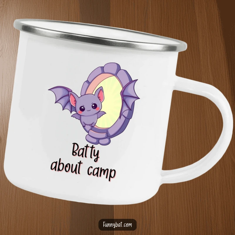 Funny kawaii bat camping mug, a curious little bat hovering near a mysterious, shimmering portal, outdoor gear.