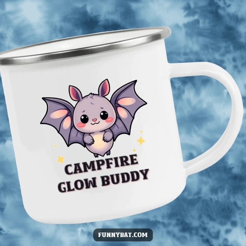 Funny camping mug featuring a whimsical bat emitting a soft glow and happy sparkles, perfect for magical outdoor moments.