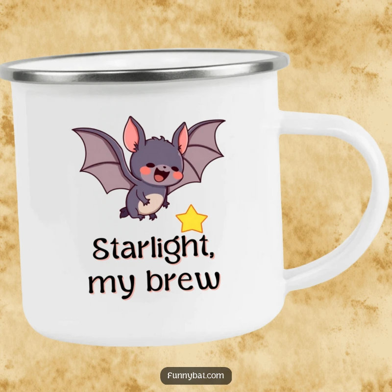 Funny camping mug featuring a cute bat swooping to catch a falling star, ideal for outdoor enthusiasts and stargazers.