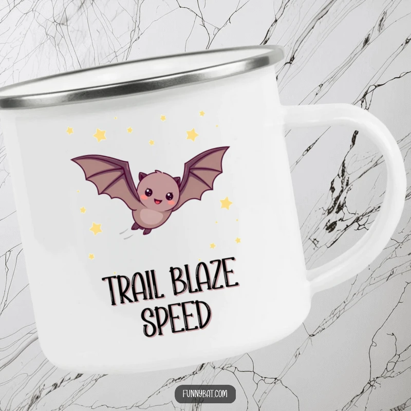 Funny camping mug featuring a cheerful bat zooming through a starry night sky, ideal for fast-paced outdoor enthusiasts.
