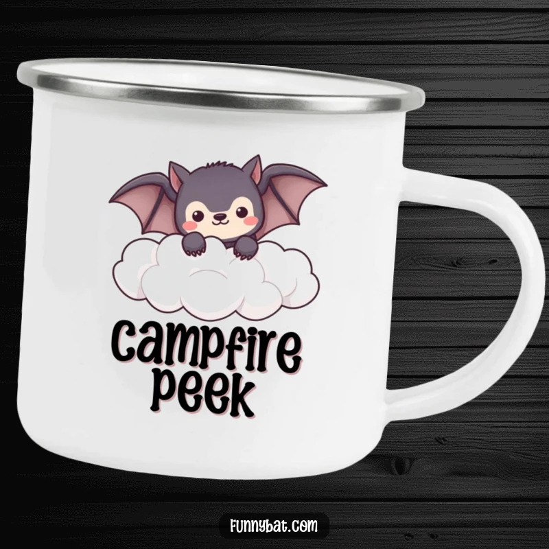 Funny shy kawaii bat camping mug peeking from soft, fluffy clouds, perfect for outdoor adventures.