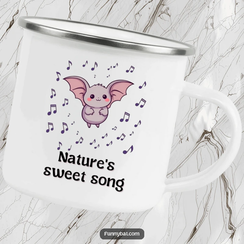 Funny camping mug featuring a happy, round bat flying through floating musical notes, ideal for outdoor music lovers.