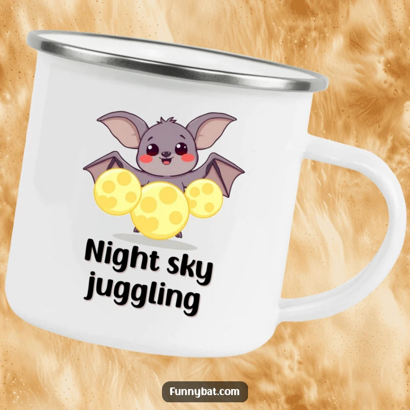 Funny camping mug featuring a plump bat joyfully juggling oversized, glowing moons, perfect for outdoor cosmic enthusiasts.