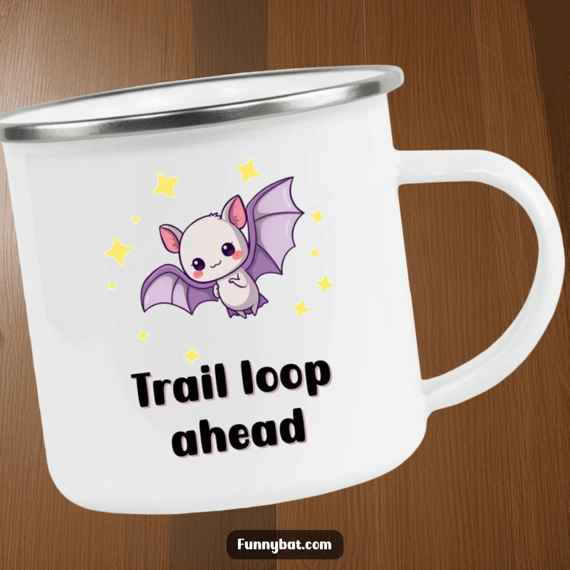 Funny kawaii bat camping mug showing a graceful loop-the-loop amidst glowing stars, perfect for outdoors.