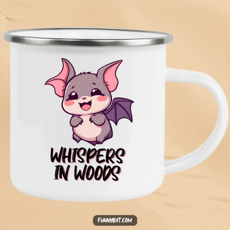 Funny kawaii bat camping mug with a silent, bubbly laugh and wide, expressive eyes, great for outdoors.