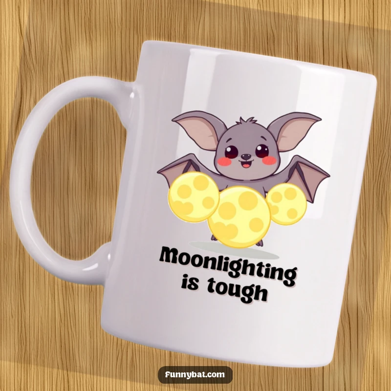 Funny mug featuring a plump bat with joyful eyes attempting to juggle several oversized, glowing moons in a starry night sky.