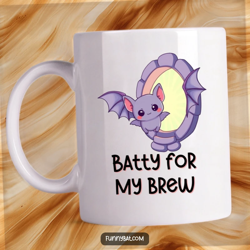 Funny kawaii bat mug, a curious little bat hovering near a mysterious, shimmering portal, cute and intriguing.