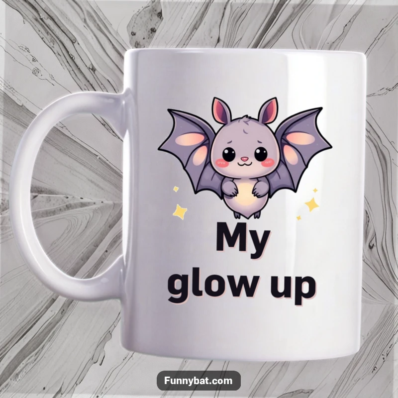 Funny mug featuring a whimsical bat emitting a soft, warm glow and happy, twinkling sparkles, creating a magical atmosphere.