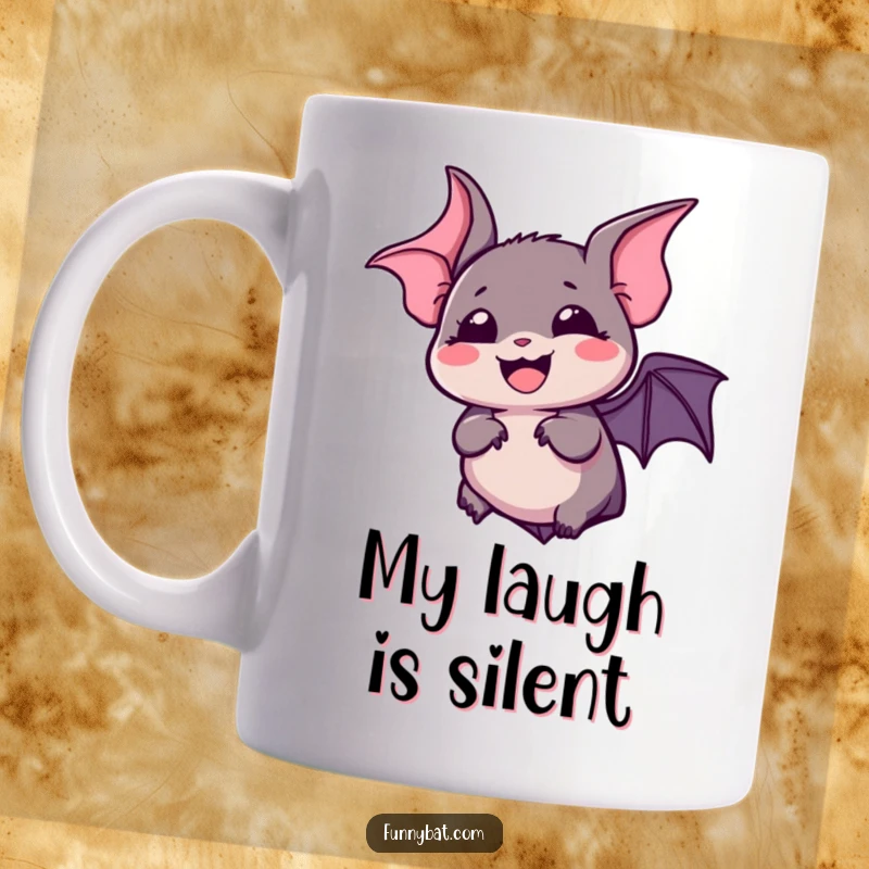 Funny kawaii bat mug showing a silent, bubbly laugh with wide, expressive eyes, perfect for humor lovers.