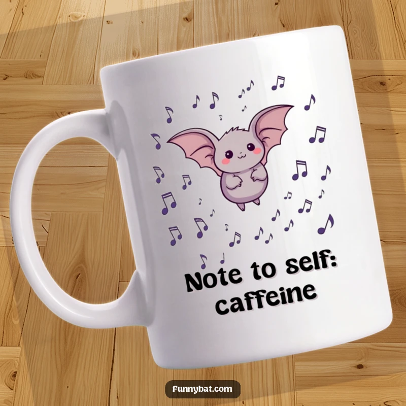 Funny mug featuring a small, round bat cheerfully flying through a delightful array of floating musical notes, creating a vibrant melody.