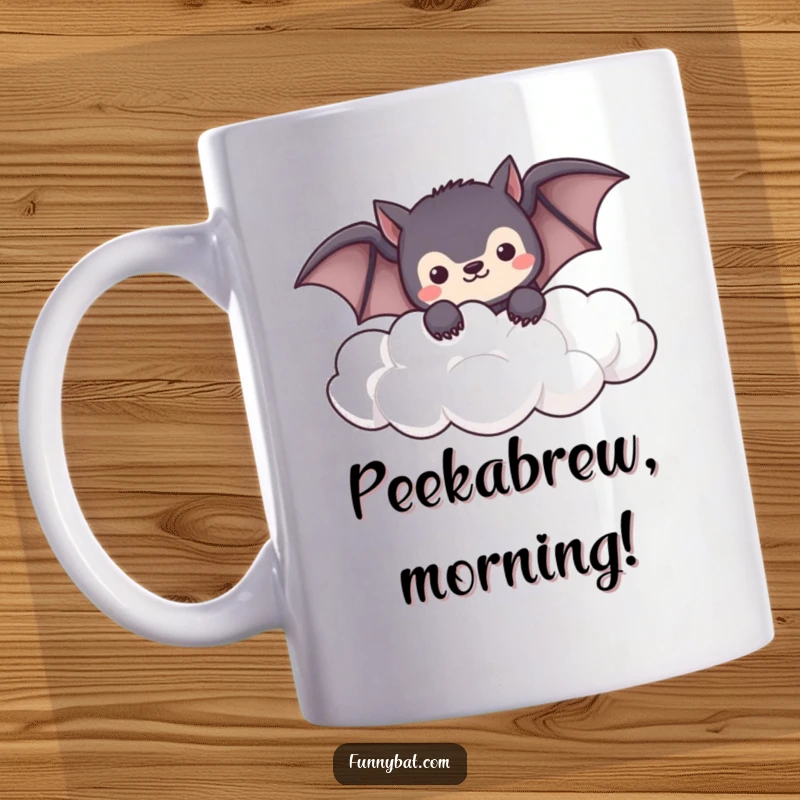Funny shy kawaii bat peeking from soft, fluffy clouds, a cute and humorous mug design.