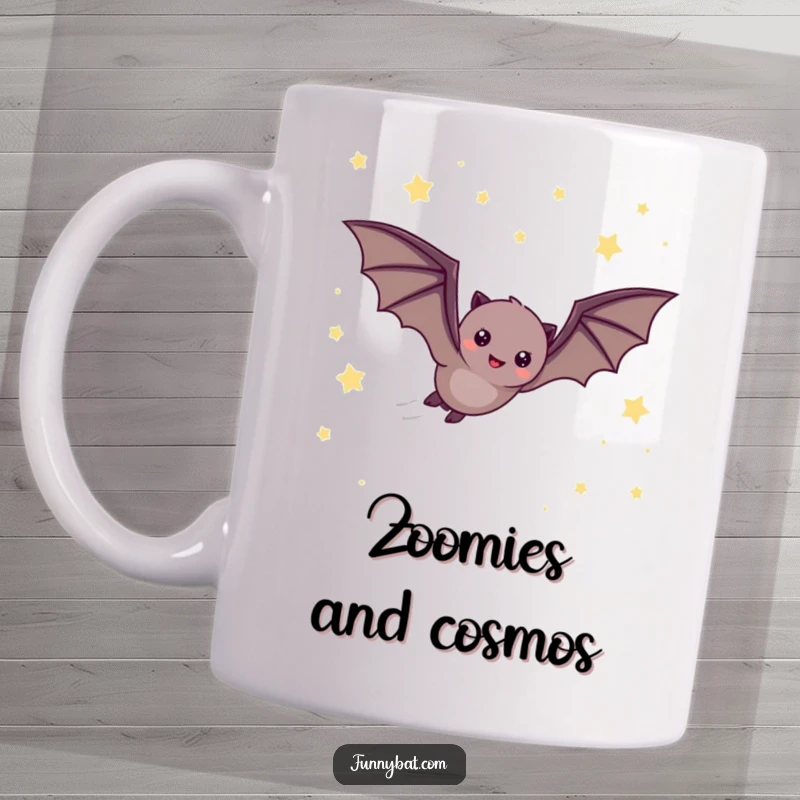 Funny mug featuring a cheerful bat zooming rapidly through a beautiful night sky densely packed with tiny, twinkling stars.