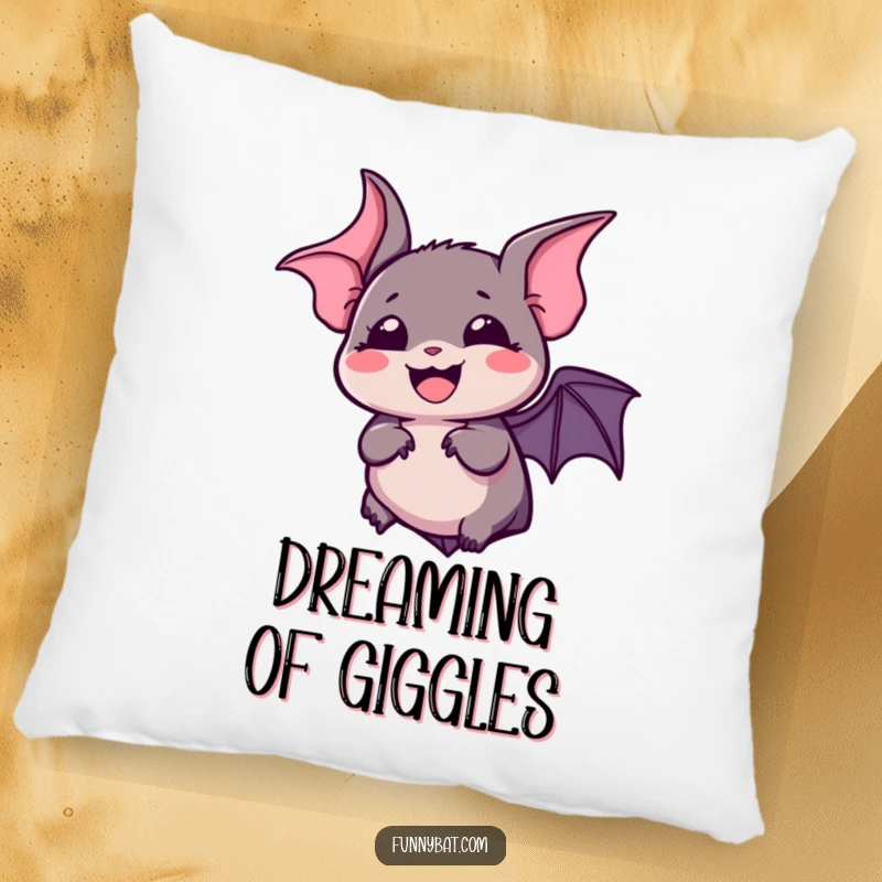 Funny kawaii bat pillow featuring a silent, bubbly laugh and wide, expressive eyes, a cozy humorous item.