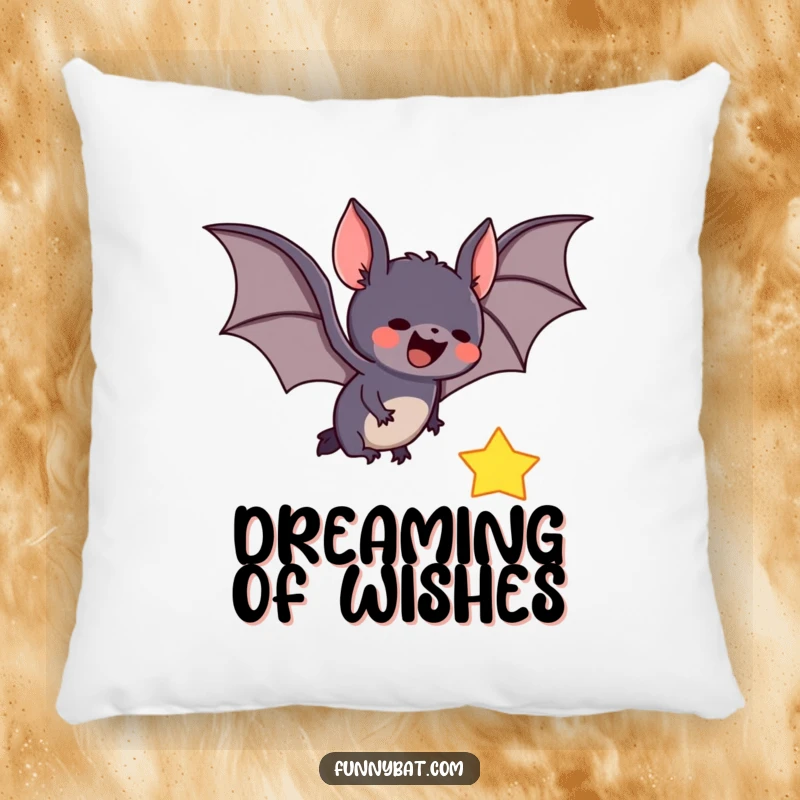 Funny pillow featuring a cute, swooping bat aiming to catch a bright, falling star, creating a whimsical and cozy atmosphere.