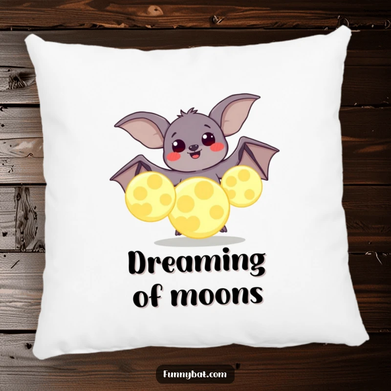 Funny pillow featuring a plump bat with joyful eyes juggling oversized, glowing moons, bringing whimsical cosmic energy to any room.