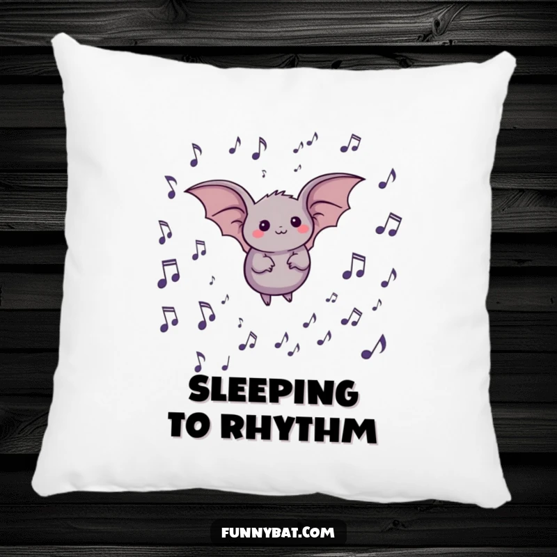 Funny pillow showcasing a happy, round bat flying amidst a gentle flow of musical notes, bringing a sense of peace and melody.