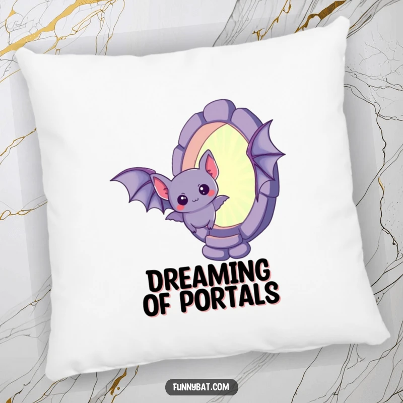 Funny kawaii bat pillow, soft cushion with a curious little bat hovering near a mysterious, shimmering portal.