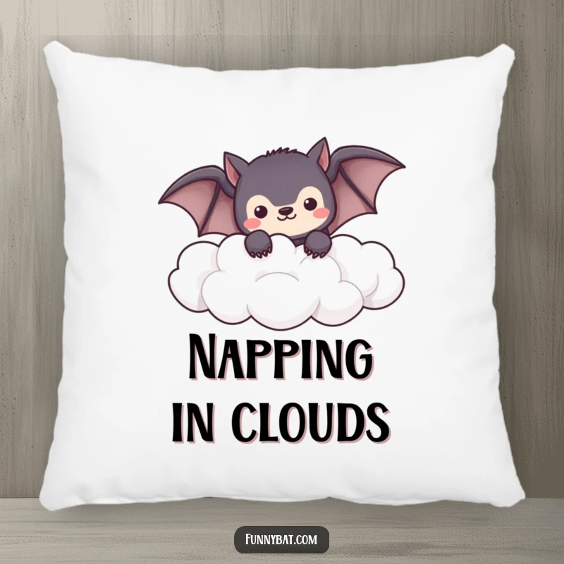 Funny shy kawaii bat pillow peeking from soft, fluffy clouds, a comfortable and humorous home accent.