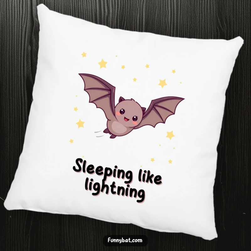 Funny pillow featuring a cheerful bat zooming through a starry night sky, bringing a sense of speedy comfort and wonder.