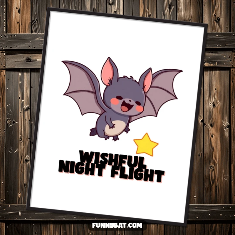 Funny digital art print of a cute bat joyfully swooping to catch a radiant falling star against a dreamy night sky.