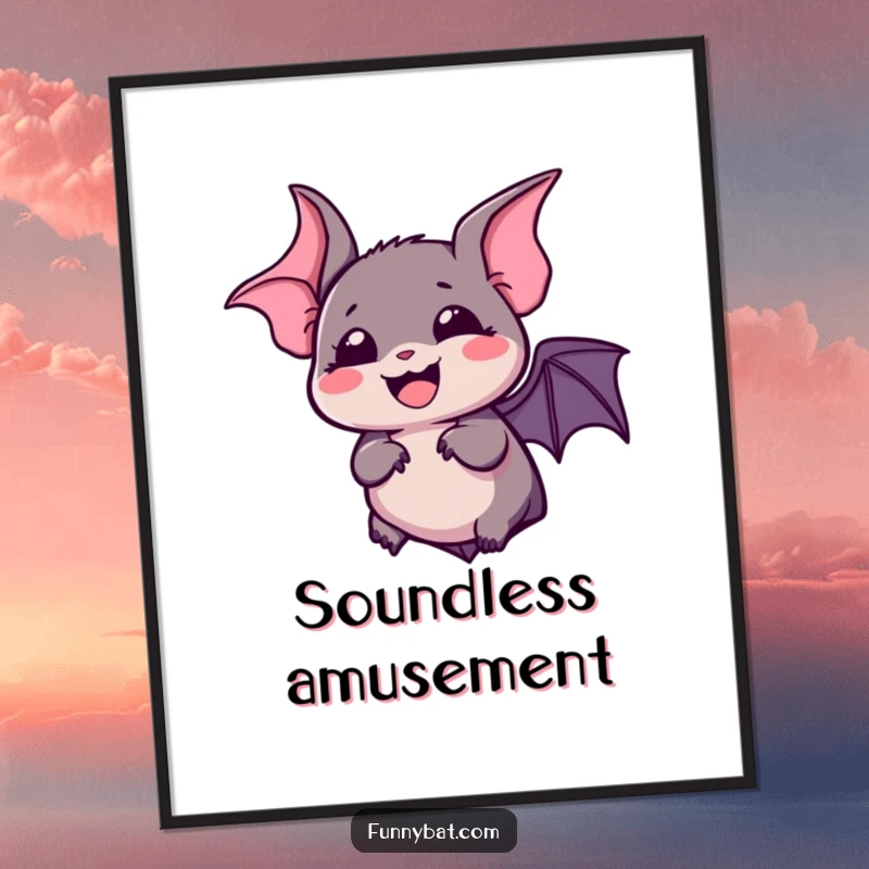 Funny kawaii bat digital art print featuring a silent, bubbly laugh and wide, expressive eyes, downloadable humor.