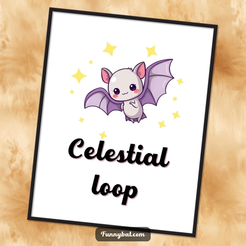 Funny kawaii bat digital art print showing a graceful loop-the-loop amidst glowing stars, downloadable magic.