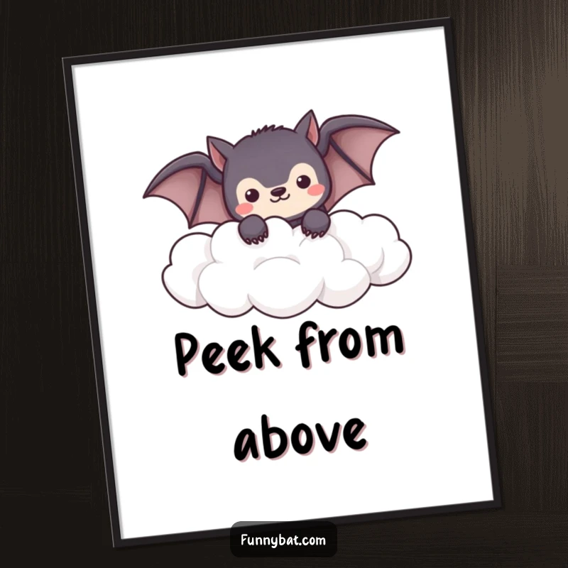 Funny shy kawaii bat digital art print peeking from soft, fluffy clouds, a cute and humorous download.