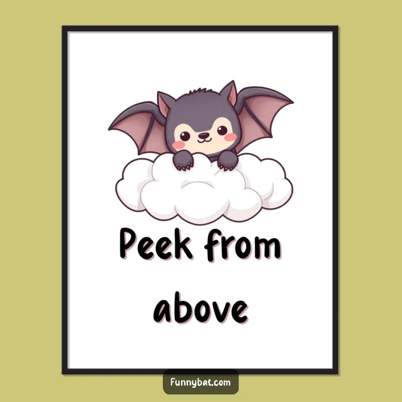Funny Shy Bat Digital Art - Peeking Clouds, Kawaii Print