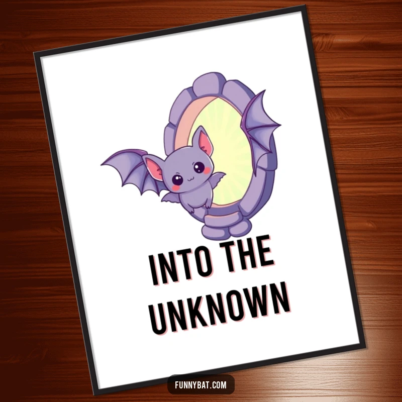 Funny kawaii bat digital art print, a curious little bat hovering near a mysterious, shimmering portal.