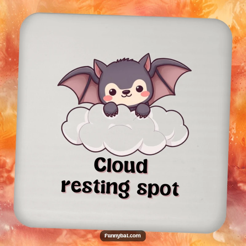 Funny shy kawaii bat coaster peeking from soft, fluffy clouds, a charming and humorous home accent.