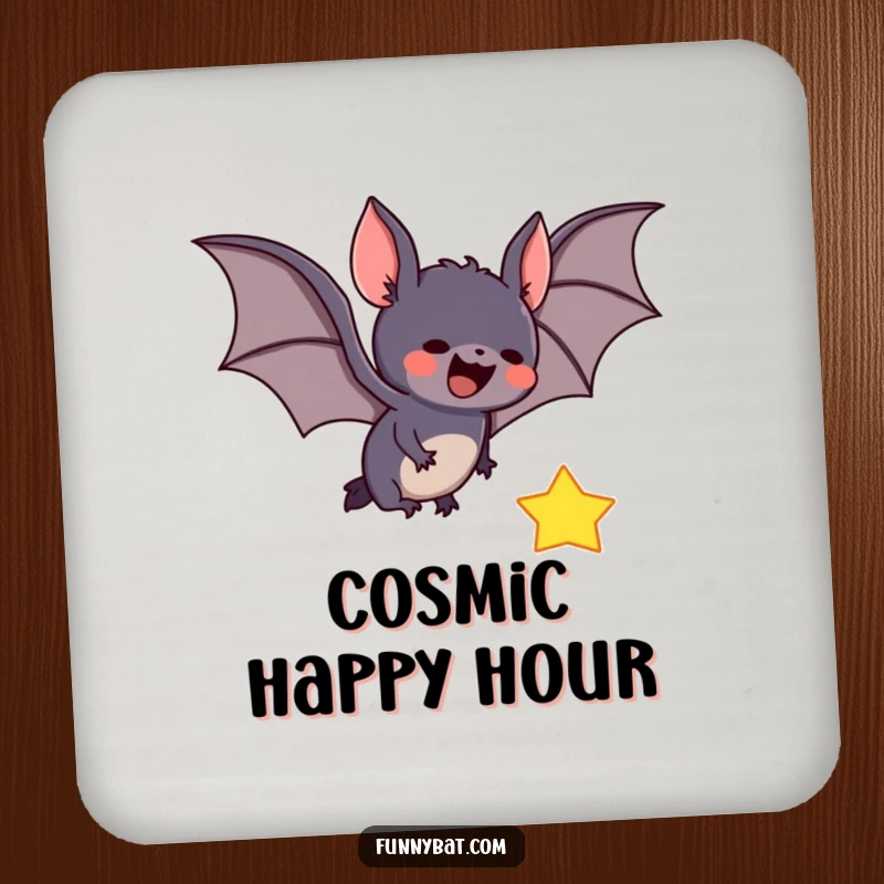 Funny coaster showcasing a cute bat swooping to catch a falling star, adding a whimsical touch to any table setting.