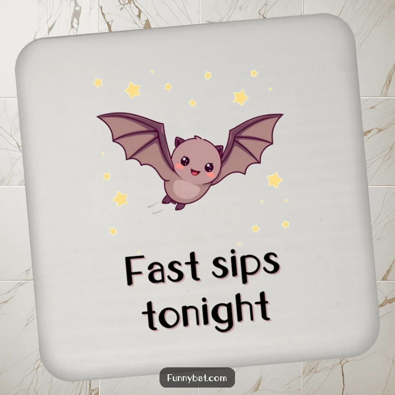 Funny coaster showing a cheerful bat quickly zooming through a night sky filled with tiny, twinkling stars, perfect for table protection.