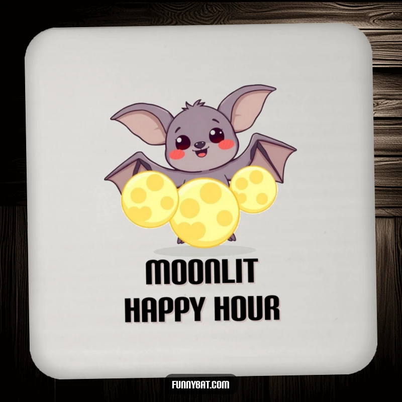 Funny coaster showing a plump bat with joyful eyes juggling large, glowing moons, perfect for protecting surfaces with a cosmic flair.