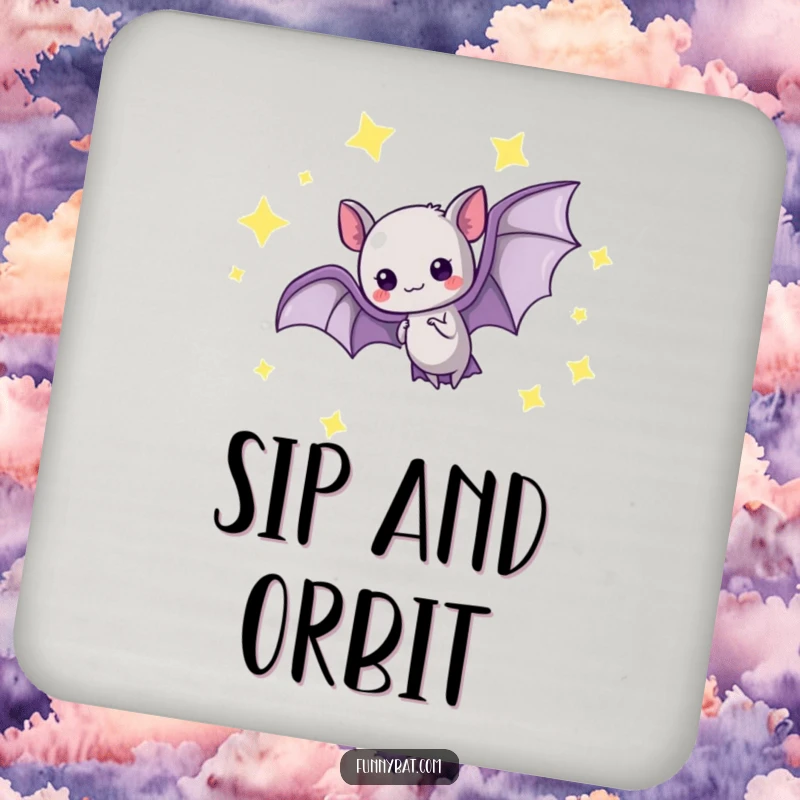 Funny kawaii bat coaster featuring a graceful loop-the-loop amidst glowing stars, a celestial home accent.