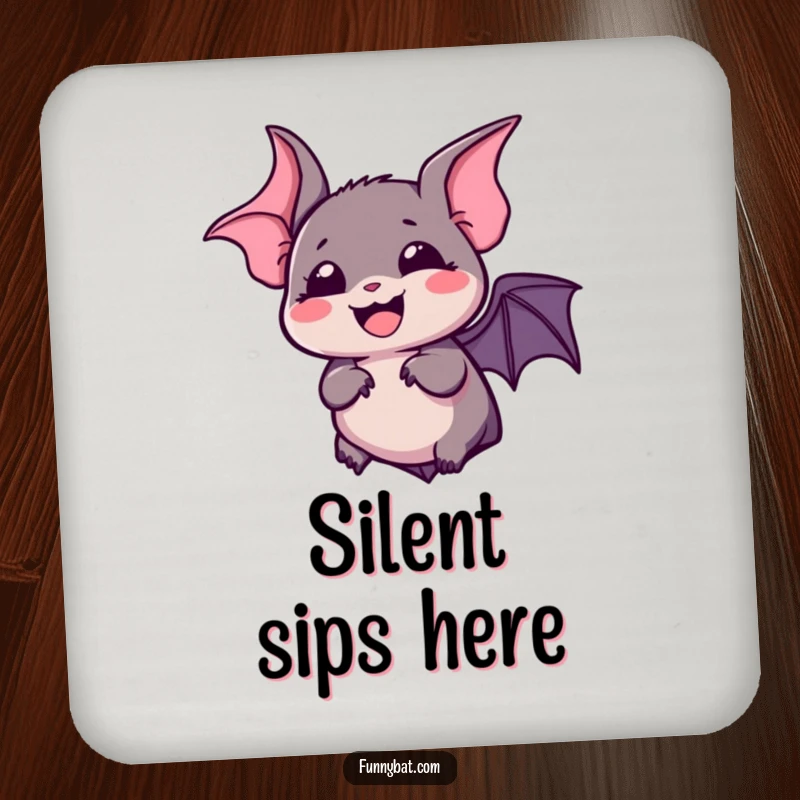 Funny kawaii bat coaster with a silent, bubbly laugh and wide, expressive eyes, a humorous home accent.