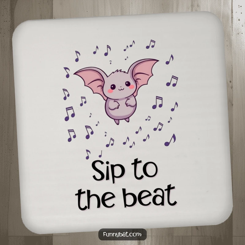 Funny coaster showing a round bat happily flying amongst floating musical notes, perfect for music-themed table settings.