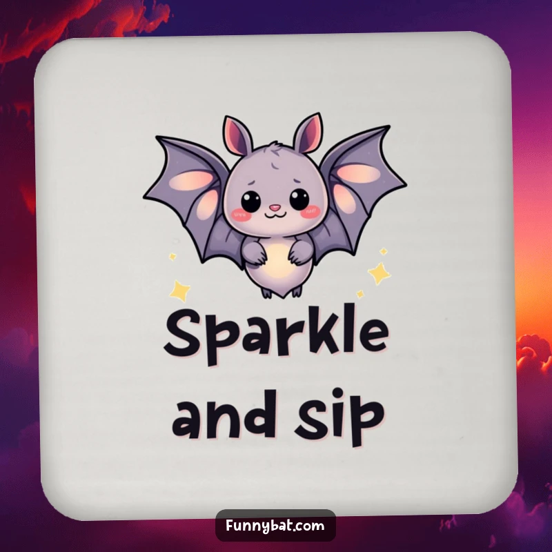 Funny coaster showcasing a whimsical bat emitting a soft glow and happy sparkles, providing magical surface protection.