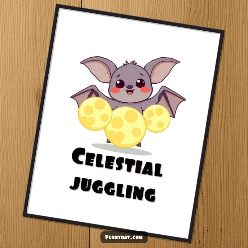 Funny poster showing a plump, happy bat attempting to juggle oversized, glowing moons against a starry backdrop, full of whimsy.