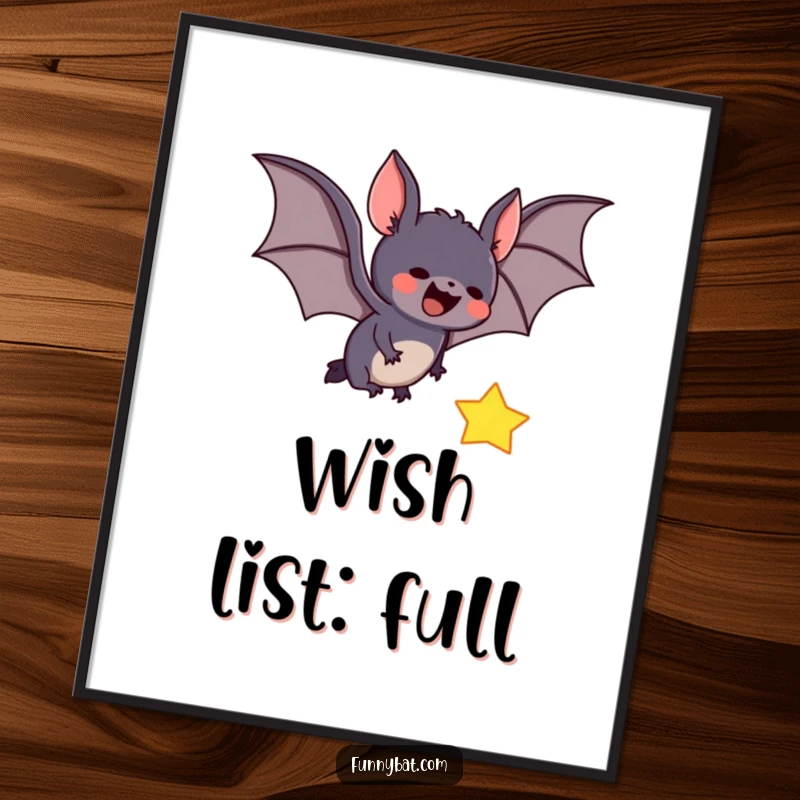 Funny poster depicting an adorable bat in pursuit of a glowing falling star against a deep, starry night sky, full of wonder.