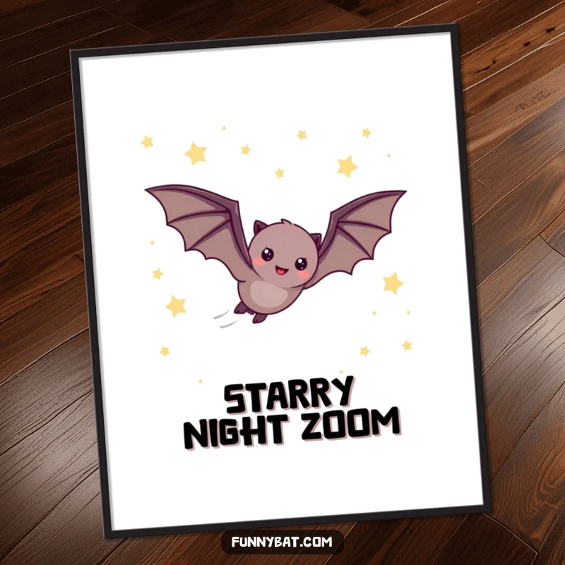 Funny poster showcasing a cheerful bat zooming through a vast night sky adorned with tiny, shimmering, twinkling stars.