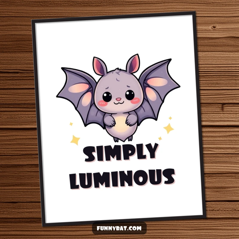 Funny poster depicting a whimsical bat emitting a gentle radiance and surrounded by a cascade of happy, twinkling sparkles, creating a magical scene.